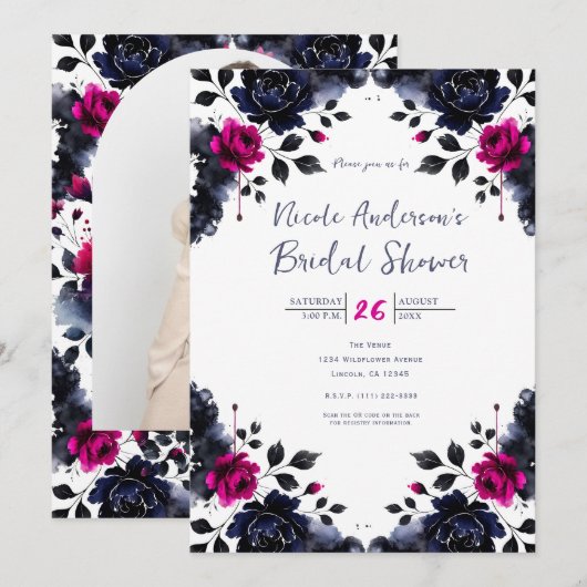 Magenta Roze Blauwe Inky Bloemen Waterverf Bruid Kaart (Voorkant / Achterkant)
