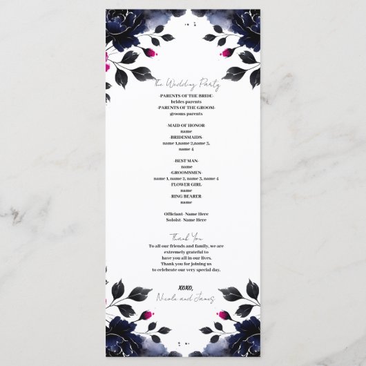 Magenta Roze & Blauwe Inky Bloemen Waterverf Progr Programmakaart (Achterkant)