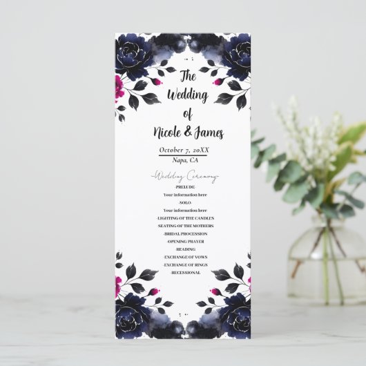 Magenta Roze & Blauwe Inky Bloemen Waterverf Progr Programmakaart (Staand voorkant)