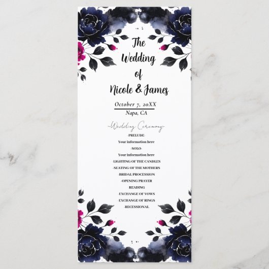 Magenta Roze & Blauwe Inky Bloemen Waterverf Progr Programmakaart (Voorkant)