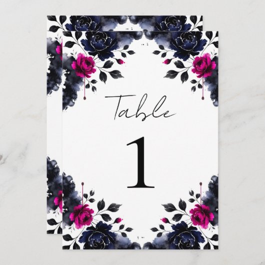 Magenta Roze & Blauwe Inky Bloemen Waterverf Tafel Kaart (Voorkant / Achterkant)