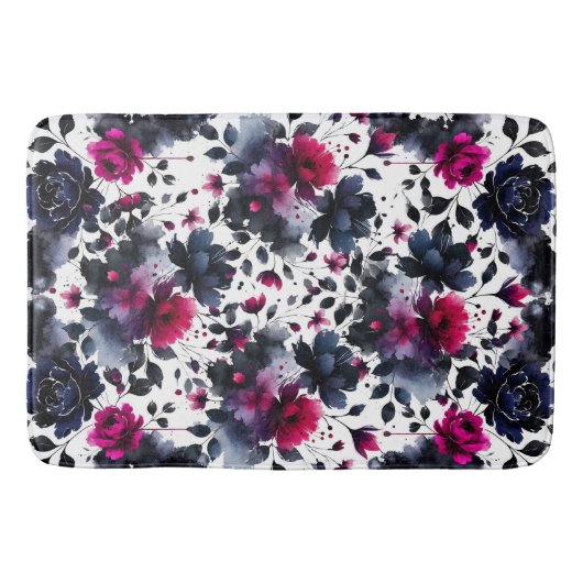 Magenta Roze & Blauwe Inky Floral Waterverf Badmat (Voorkant)