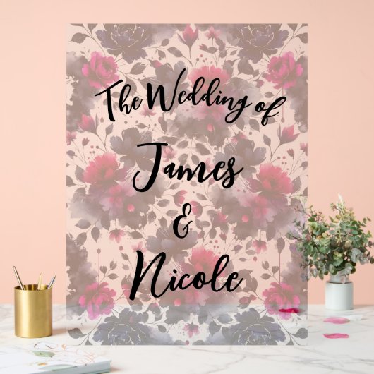 Magenta Roze & Blauwe Inky Floral Waterverf bruilo Acryl Bord (Huwelijk)