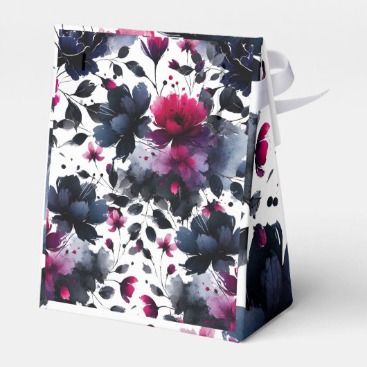 Magenta Roze & Blauwe Inky Floral Waterverf bruilo Bedankdoosjes (Achterkant)