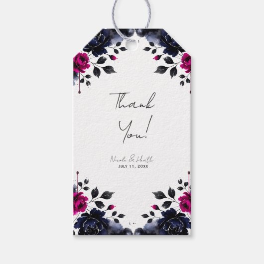 Magenta Roze & Blauwe Inky Floral Waterverf bruilo Cadeaulabel (Voorkant)