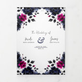 Magenta Roze & Blauwe Inky Floral Waterverf bruilo Drieluik Uitnodiging (Cover)