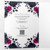 Magenta Roze & Blauwe Inky Floral Waterverf bruilo Drieluik Uitnodiging (Binnenzijde eerst)