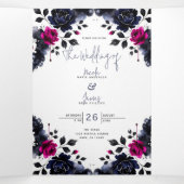 Magenta Roze & Blauwe Inky Floral Waterverf bruilo Drieluik Uitnodiging (Binnenkant midden)