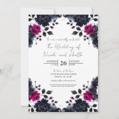 Magenta Roze & Blauwe Inky Floral Waterverf bruilo Kaart (Voorkant)