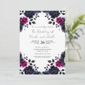 Magenta Roze & Blauwe Inky Floral Waterverf bruilo Kaart (Staand voorkant)