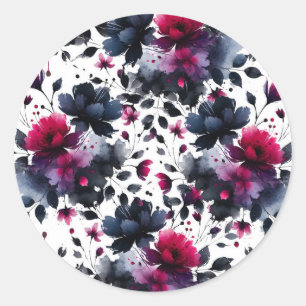 Magenta Roze & Blauwe Inky Floral Waterverf bruilo Ronde Sticker