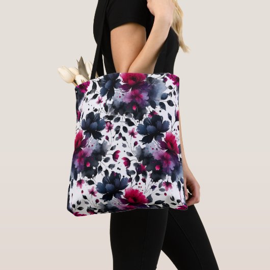 Magenta Roze & Blauwe Inky Floral Waterverf bruilo Tote Bag (Dichtbij)