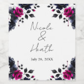 Magenta Roze & Blauwe Inky Floral Waterverf bruilo Wijn Etiket (Enkel label)