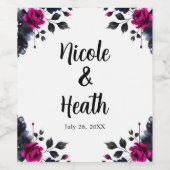 Magenta Roze & Blauwe Inky Floral Waterverf bruilo Wijn Etiket (Enkel label)