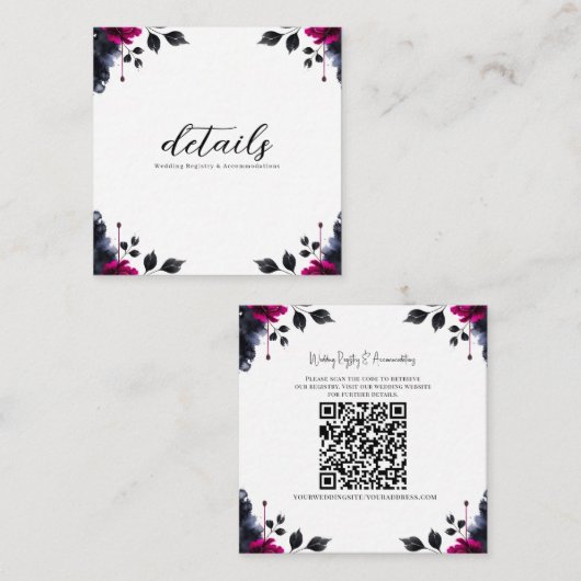 Magenta Roze & Blauwe Inky Floral Waterverf Detail Vierkante Visitekaartje (Voorkant / Achterkant)