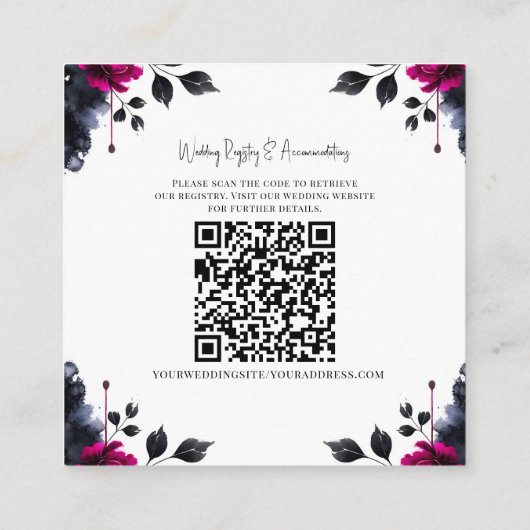 Magenta Roze & Blauwe Inky Floral Waterverf Detail Vierkante Visitekaartje (Achterkant)