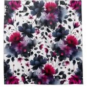 Magenta Roze & Blauwe Inky Floral Waterverf Douchegordijn (Voorkant)