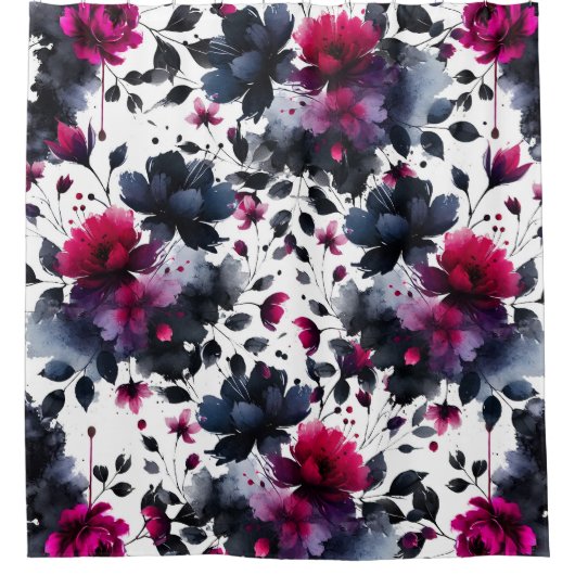 Magenta Roze & Blauwe Inky Floral Waterverf Douchegordijn (Voorkant)
