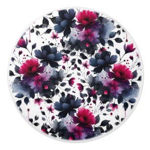 Magenta Roze & Blauwe Inky Floral Waterverf Keramische Knop