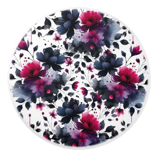 Magenta Roze & Blauwe Inky Floral Waterverf Keramische Knop (Voorkant)