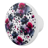 Magenta Roze & Blauwe Inky Floral Waterverf Keramische Knop (Rechts)