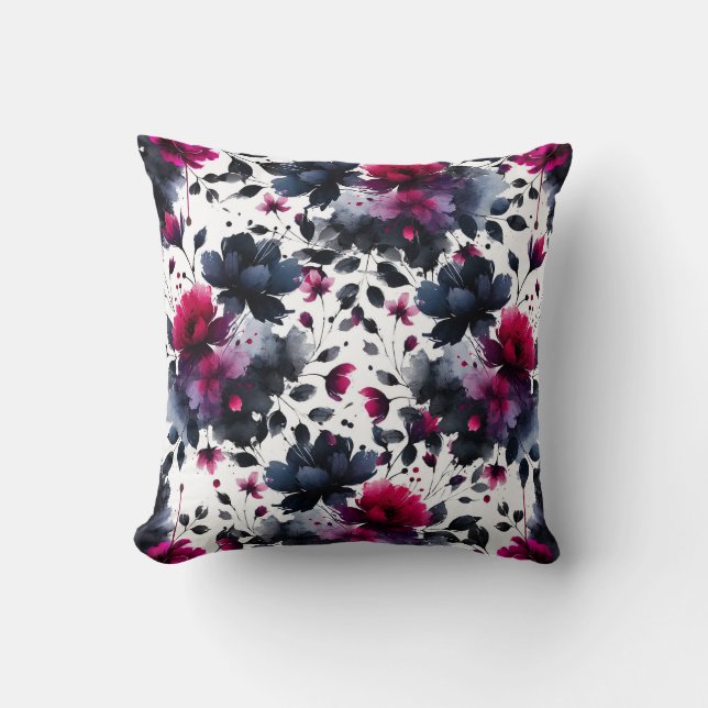 Magenta Roze & Blauwe Inky Floral Waterverf Kussen (Voorkant)