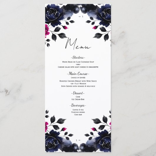 Magenta Roze & Blauwe Inky Floral Waterverf Menu (Voorkant)