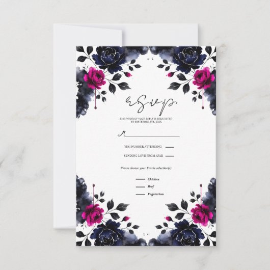 Magenta Roze & Blauwe Inky Floral Waterverf RSVP (Voorkant)