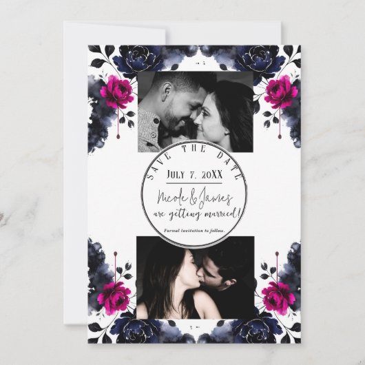 Magenta Roze Blauwe Inky Floral Waterverf Save Dat Kaart (Voorkant)