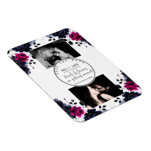 Magenta Roze Blauwe Inky Floral Waterverf Save Dat Magneet (Rechterzijde)