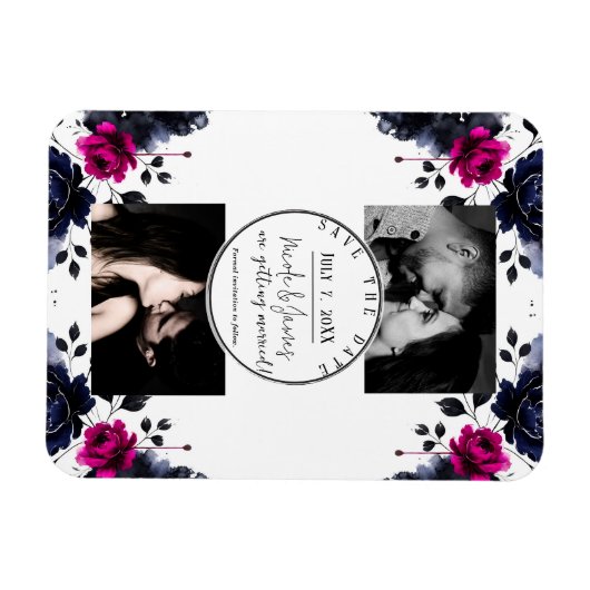 Magenta Roze Blauwe Inky Floral Waterverf Save Dat Magneet (Horizontaal)