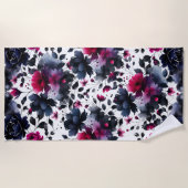 Magenta Roze & Blauwe Inky Floral Waterverf Strandlaken (Voorkant)