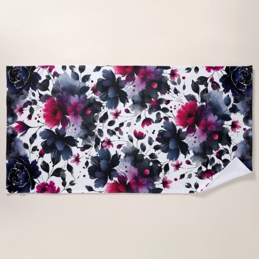 Magenta Roze & Blauwe Inky Floral Waterverf Strandlaken (Voorkant)