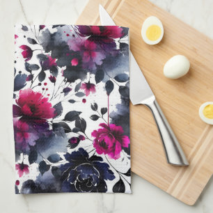 Magenta Roze & Blauwe Inky Floral Waterverf Theedoek