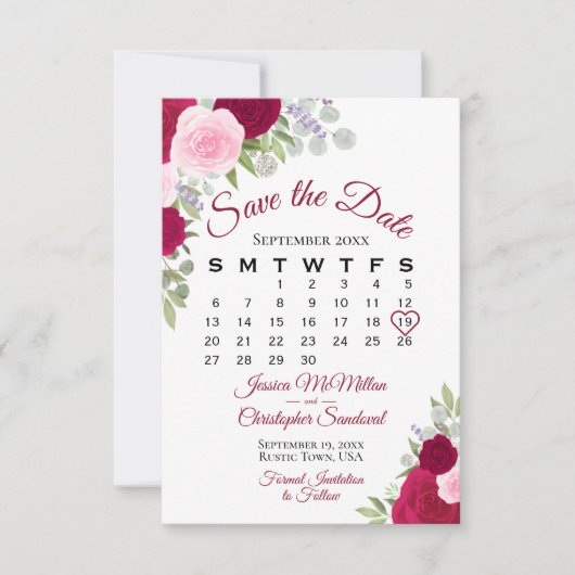 Magenta Roze Bloemen Elegante Boho Trouwkalender Save The Date (Voorkant)