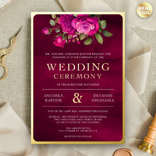 Magenta Roze Bloemen Foto Indiase bruiloft Goud Folie Uitnodiging