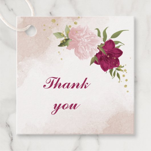magenta roze bloemen groen bruiloft bedankjes labels (Voorkant)