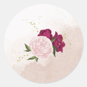 magenta roze bloemen groen bruiloft ronde sticker