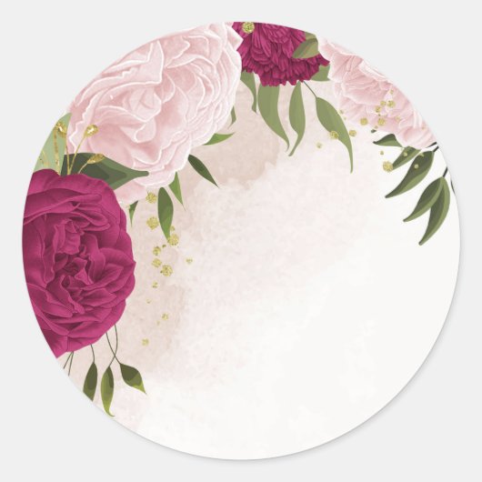 magenta roze bloemen groen bruiloft ronde sticker (Voorkant)
