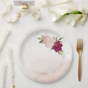 magenta roze bloemen groen trouwen papieren bordje