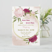 magenta roze bloemen groene bladeren bruiloft kaart (Staand voorkant)