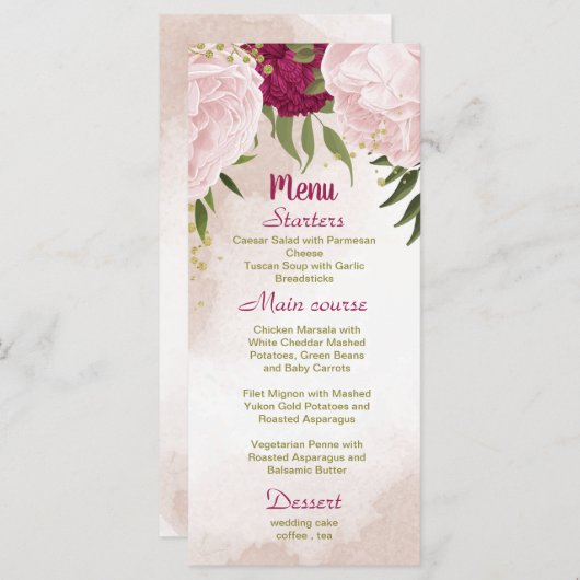 magenta roze bloemen groene bladeren bruiloft menu (Voorkant / Achterkant)