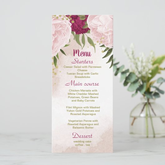 magenta roze bloemen groene bladeren bruiloft menu (Staand voorkant)