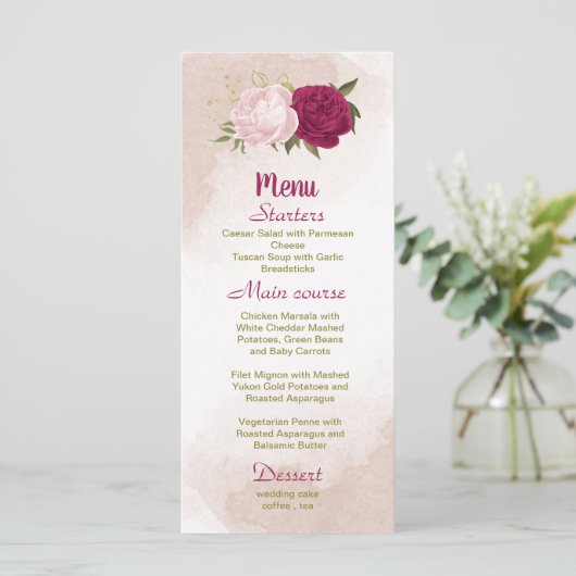 magenta roze bloemen groene bladeren bruiloft menu (Staand voorkant)