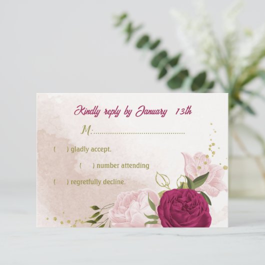 Magenta roze bloemen groene bladeren RSVP kaartje (Staand voorkant)