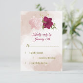 Magenta roze bloemen groene bladeren RSVP kaartje (Staand voorkant)