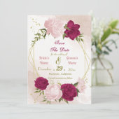 Magenta roze bloemen groene bladeren save the date (Staand voorkant)