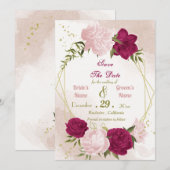 Magenta roze bloemen groene bladeren save the date (Voorkant / Achterkant)