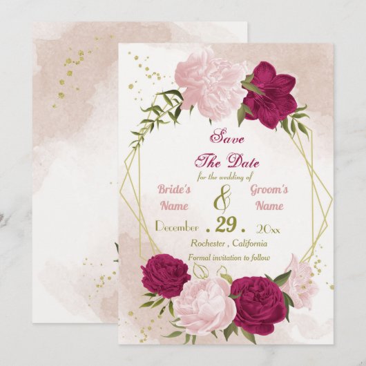 Magenta roze bloemen groene bladeren save the date (Voorkant / Achterkant)