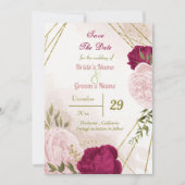 Magenta roze bloemen groene bladeren save the date (Voorkant)